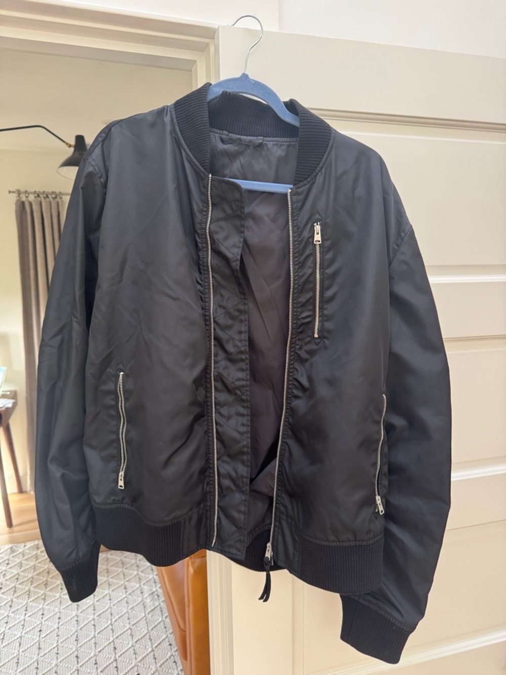 Men's All Saints Black Bomber Jacket with Zip Pocket Details